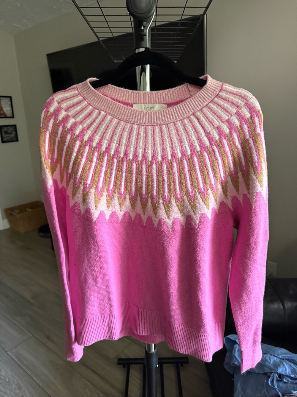 LOFT Pink Fair Isle Scoopneck Sweater with Cream & Gold Yoke
